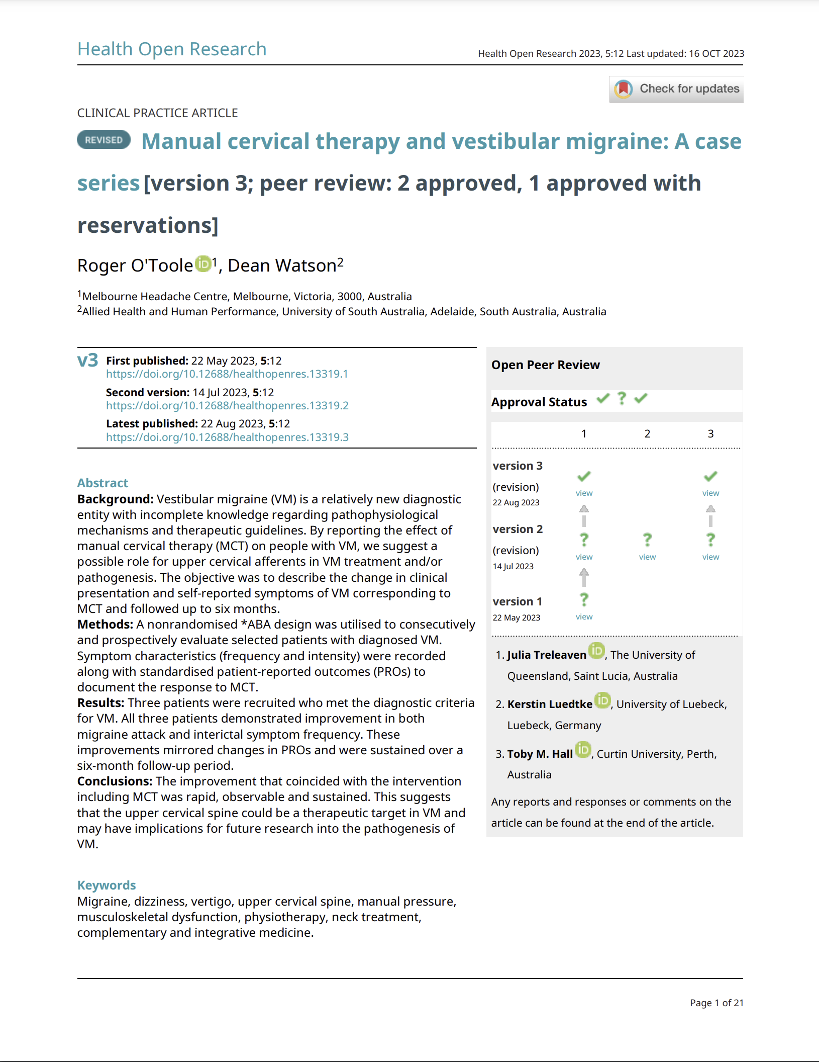 Image is the first page of a peer reviewed manuscript titled Manual Cervical Therapy and vestibular Migraine, written by Roger O'Toole and Dean Watson. Published in Health Open research and under open peer review lists the reviewers, Julia Treleaven, Kerstin Luedtke and Toby Hall.